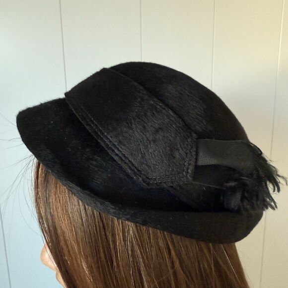 VTG 40s 50s I. Magnin Small Half Hat Derby Fedora Italy Retro Black Tassel Scarf - Picture 1 of 13